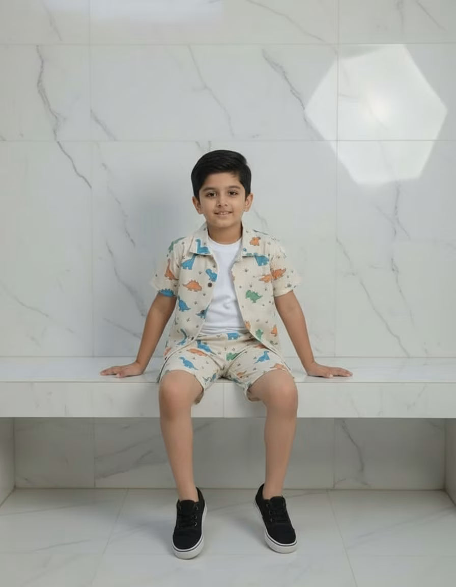 Kids Dino Print Valentino Co-ord Set – Premium Shirt & Shorts Summer Outfit