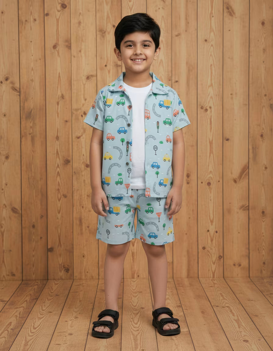 Kids Car Print Co-ord Set – Machine Printed Valentino Fabric | Soft Summer Outfit