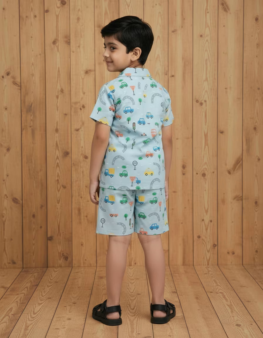 Kids Car Print Co-ord Set – Machine Printed Valentino Fabric | Soft Summer Outfit