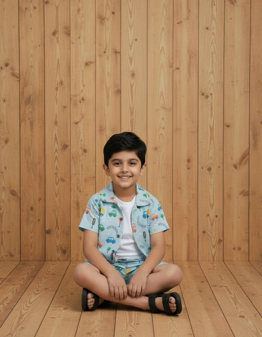 Kids Car Print Co-ord Set – Machine Printed Valentino Fabric | Soft Summer Outfit