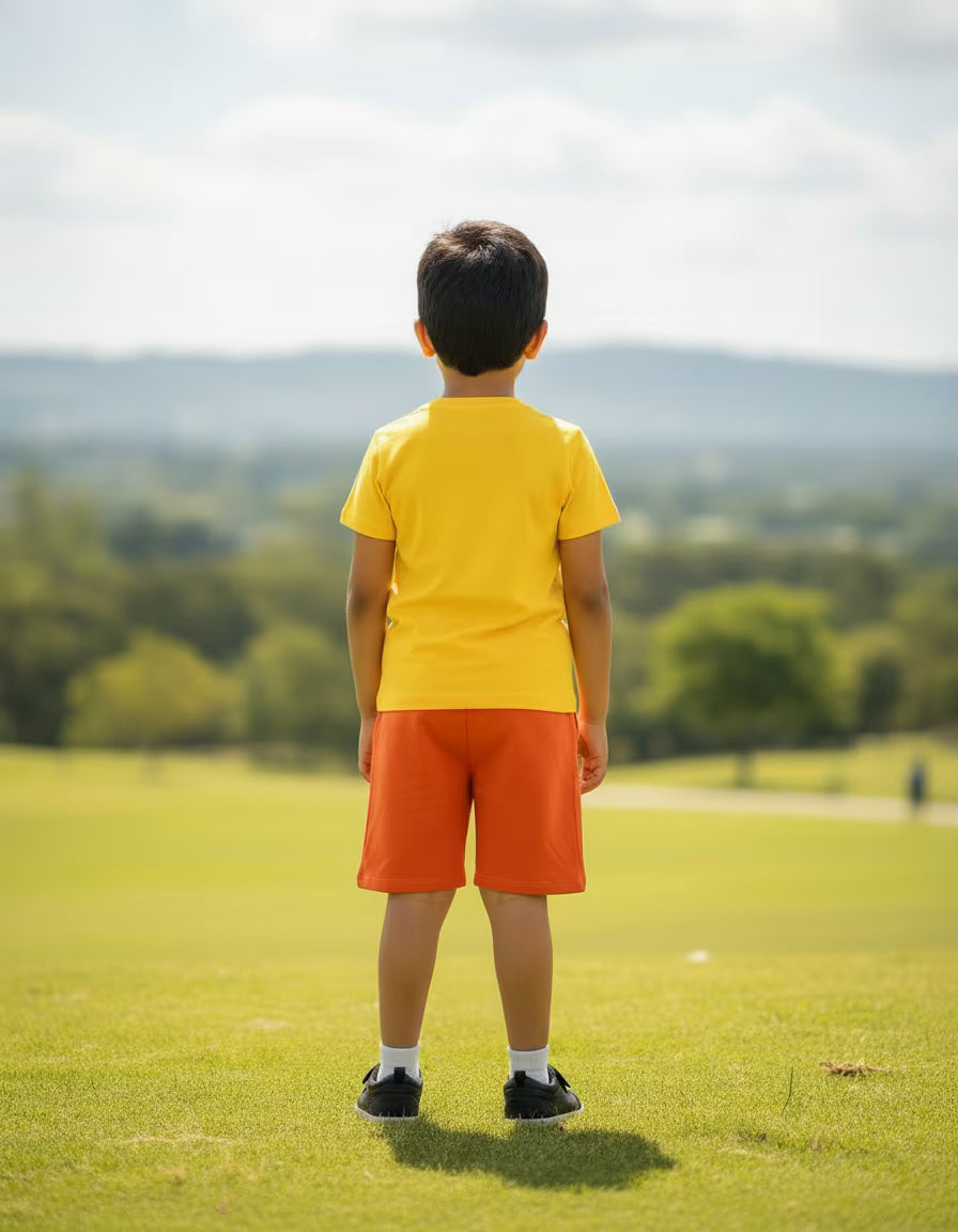 Kids Pure Cotton T-Shirt & Shorts Set – Yellow & Orange | Soft Summer Co-ord