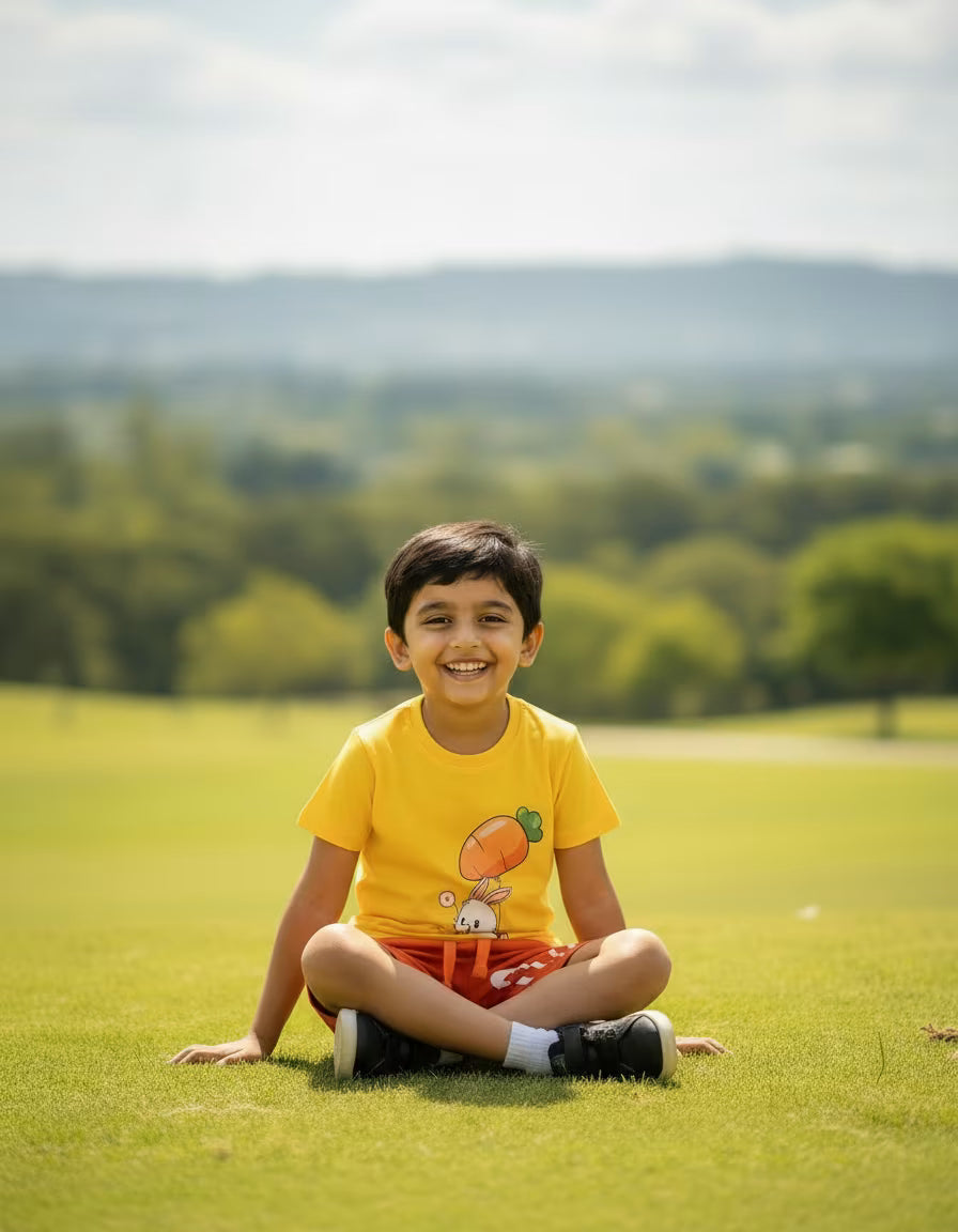 Kids Pure Cotton T-Shirt & Shorts Set – Yellow & Orange | Soft Summer Co-ord