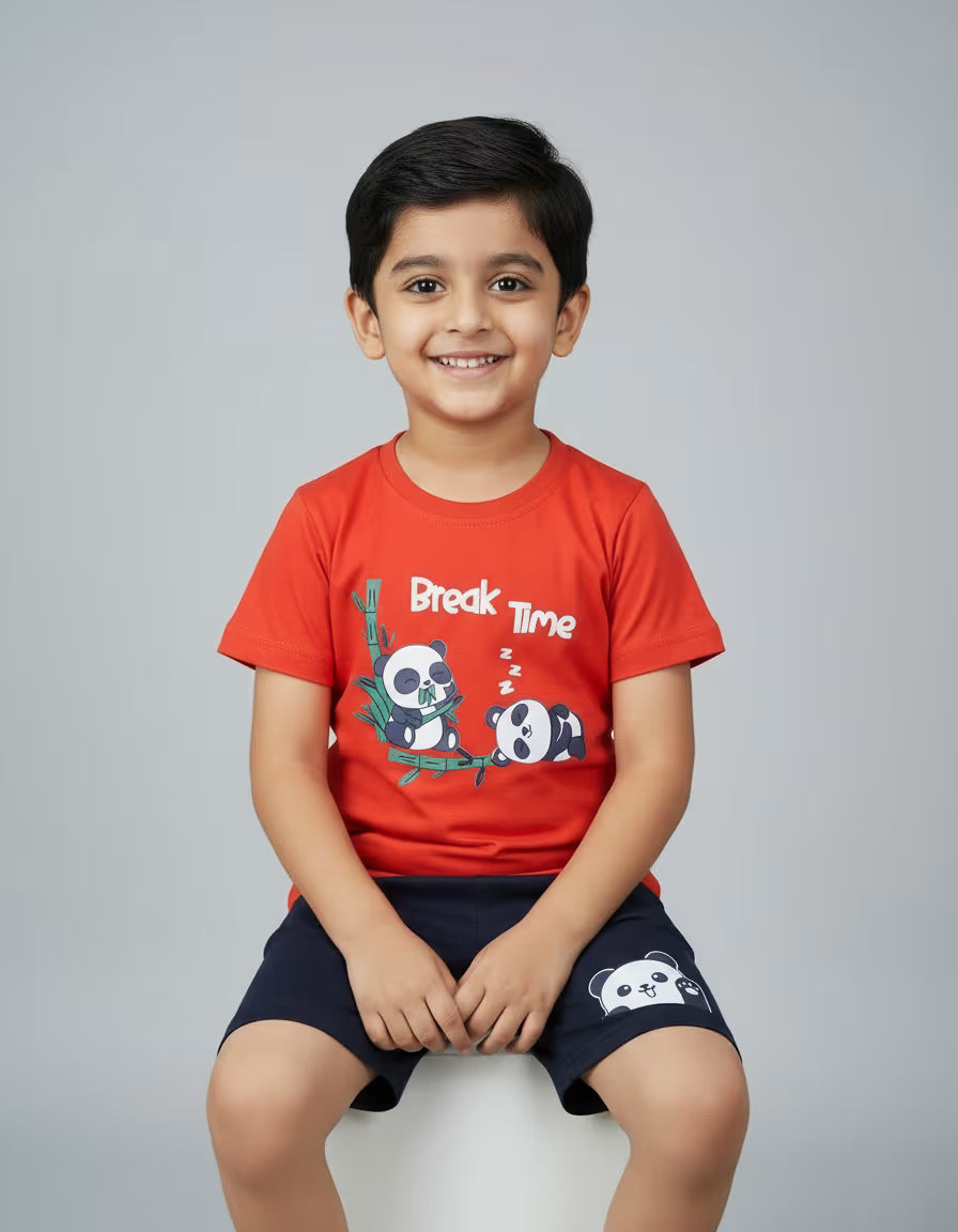 Kids Pure Cotton Printed T-Shirt & Shorts Set – Red & Navy | Soft Summer Co-ord