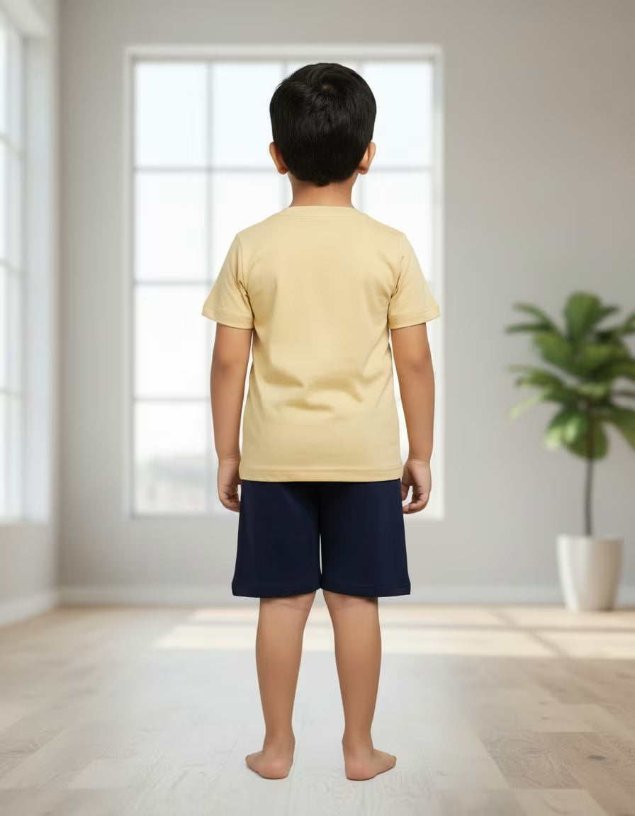 Kids Pure Cotton Printed T-Shirt & Shorts Set – Beige & Navy | Soft Comfort Co-ord