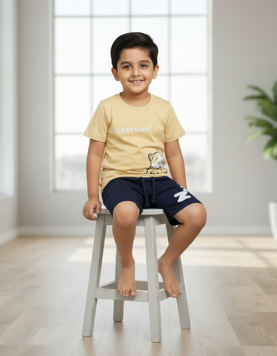 Kids Pure Cotton Printed T-Shirt & Shorts Set – Beige & Navy | Soft Comfort Co-ord