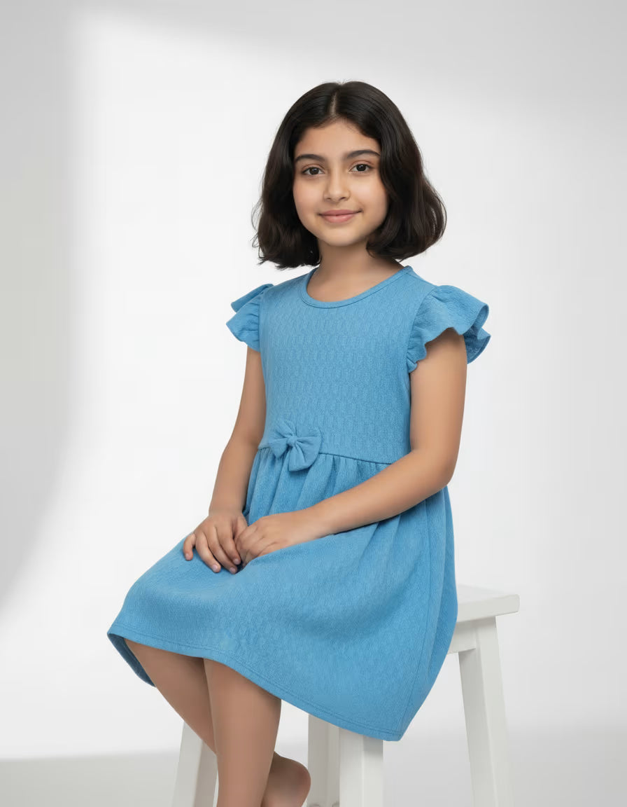 Girls Sky Blue Flutter Sleeve Dress – Tesla Fabric Kids Party Frock