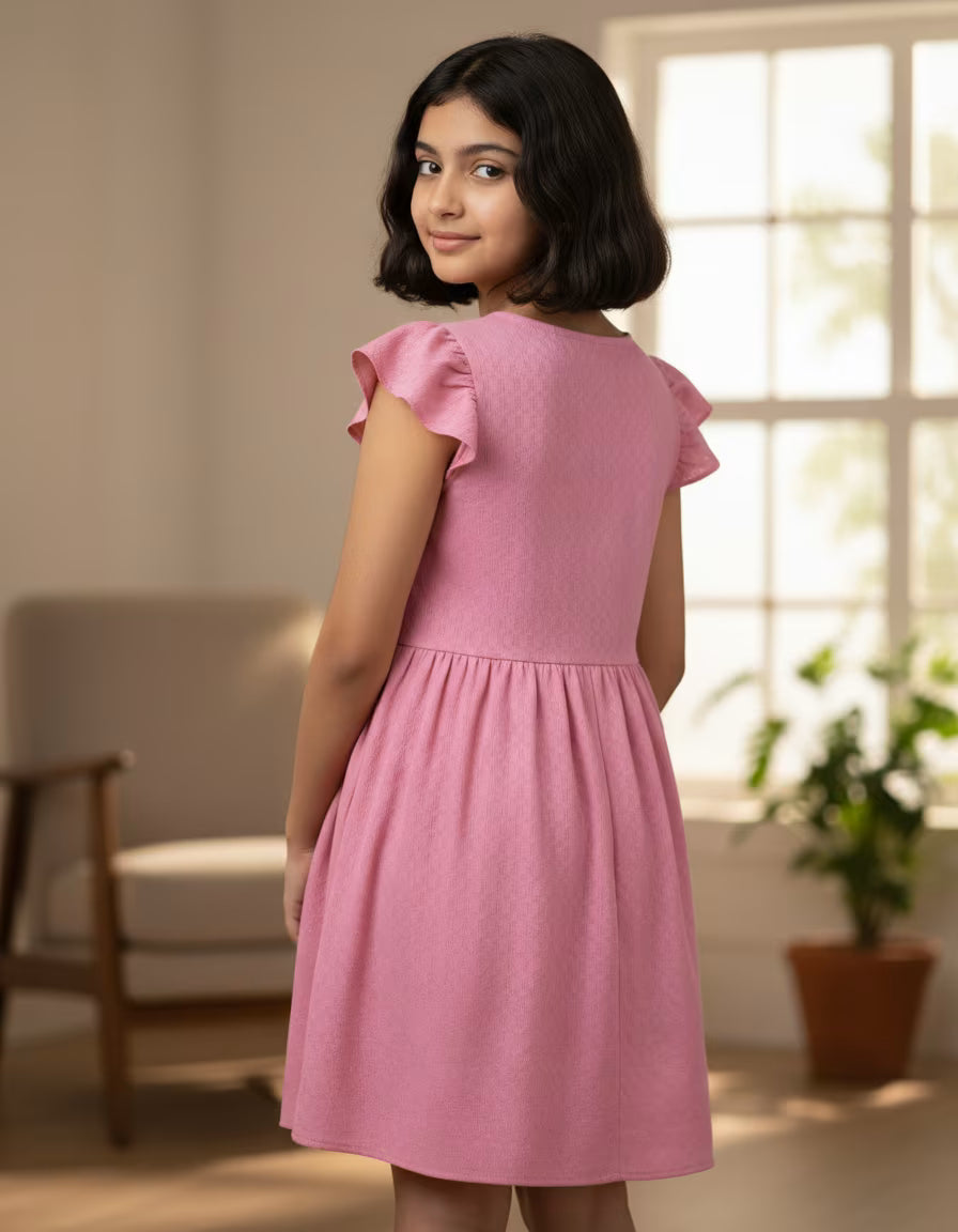 Girls Pink Flutter Sleeve Dress – Tesla Fabric Kids Frock