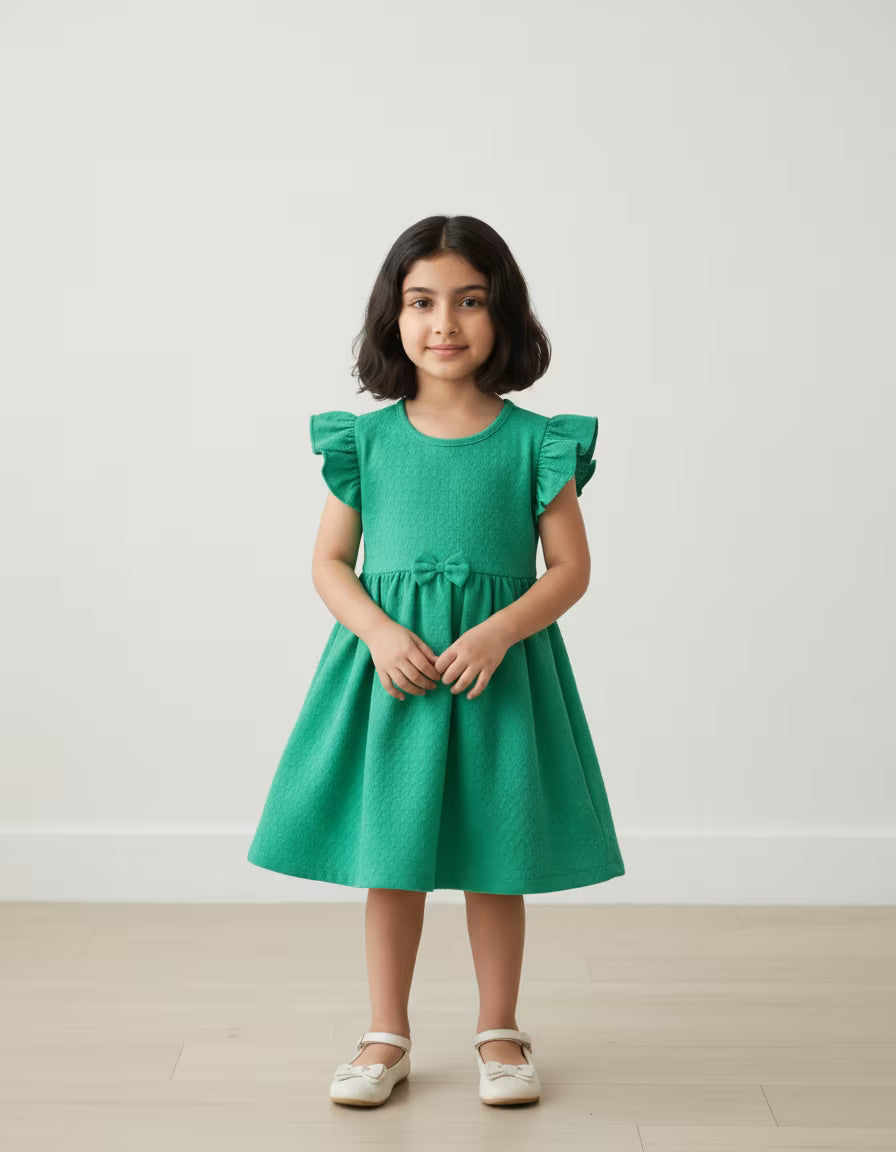 Girls Green Tesla Fabric Dress with Flutter Sleeves