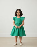 Girls Green Tesla Fabric Dress with Flutter Sleeves