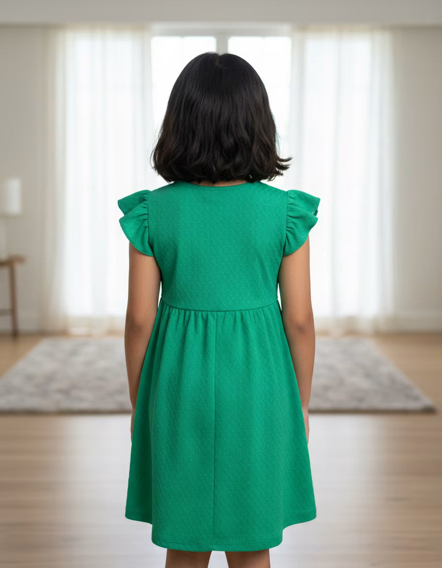 Girls Green Tesla Fabric Dress with Flutter Sleeves