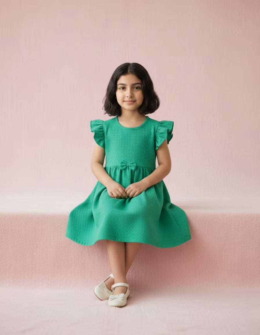 Girls Green Tesla Fabric Dress with Flutter Sleeves