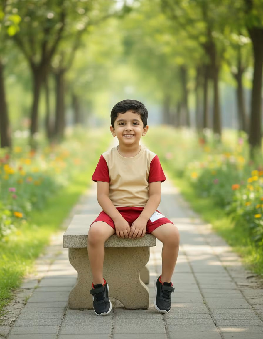 Kids Printed T-Shirt & Shorts Set – Micro Looper Fabric | Beige & Red Co-ord