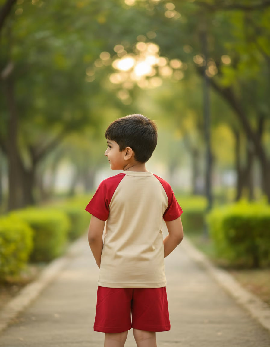 Kids Printed T-Shirt & Shorts Set – Micro Looper Fabric | Beige & Red Co-ord
