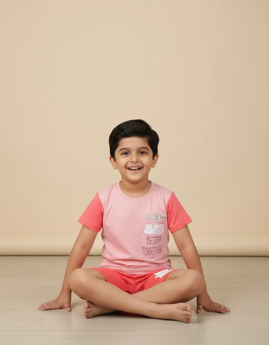 Kids Printed T-Shirt & Shorts Set with Pocket – Pink & Coral | Micro Looper Fabric Co-ord