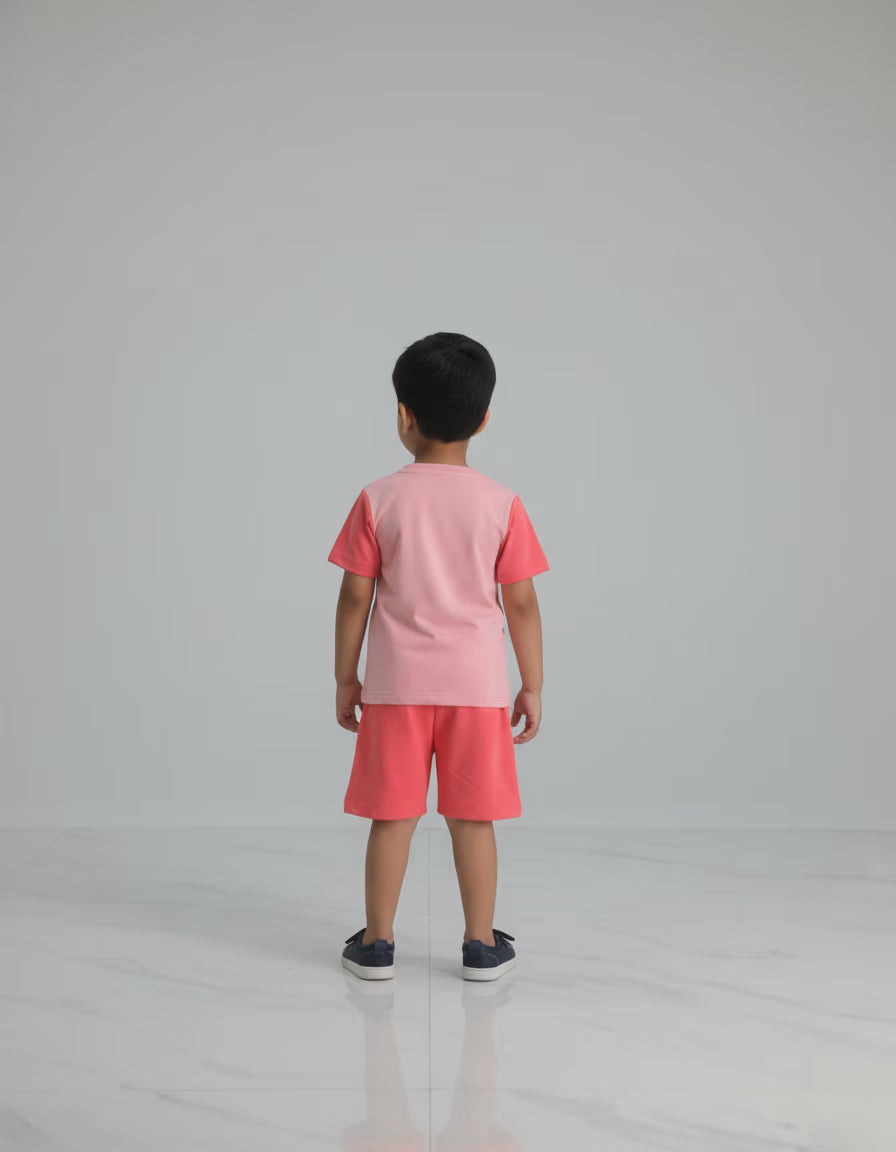Kids Printed T-Shirt & Shorts Set with Pocket – Pink & Coral | Micro Looper Fabric Co-ord