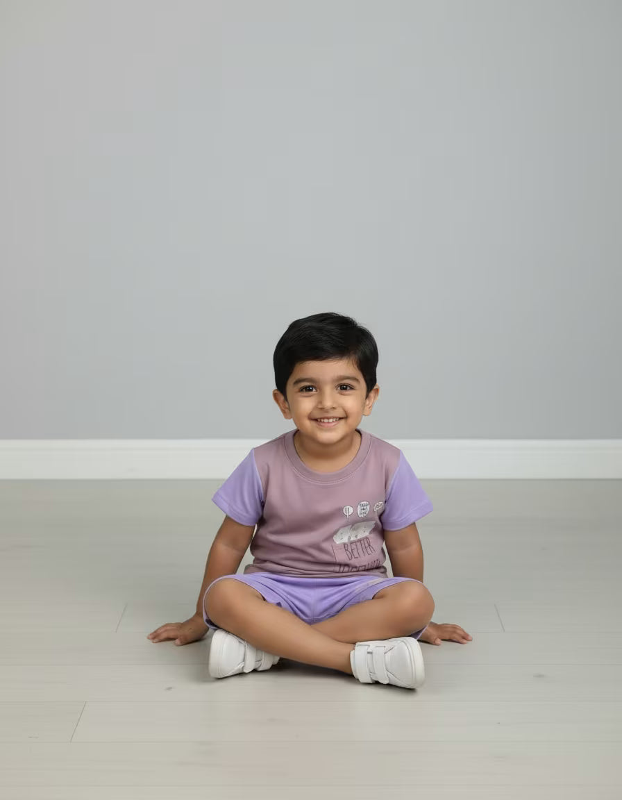 Kids Printed T-Shirt & Shorts Set with Pocket – Lavender & Mauve | Micro Looper Co-ord