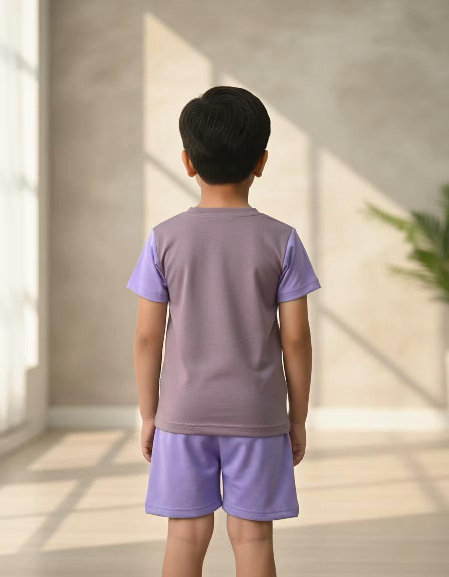 Kids Printed T-Shirt & Shorts Set with Pocket – Lavender & Mauve | Micro Looper Co-ord