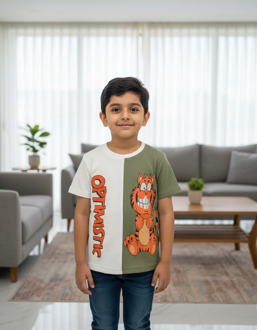Boys Optimistic Cartoon Print T-Shirt – Premium Waffle Fabric Kids Tee