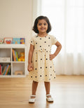 Girls Cream Polka Dot Cotton Frock with Bow Detail