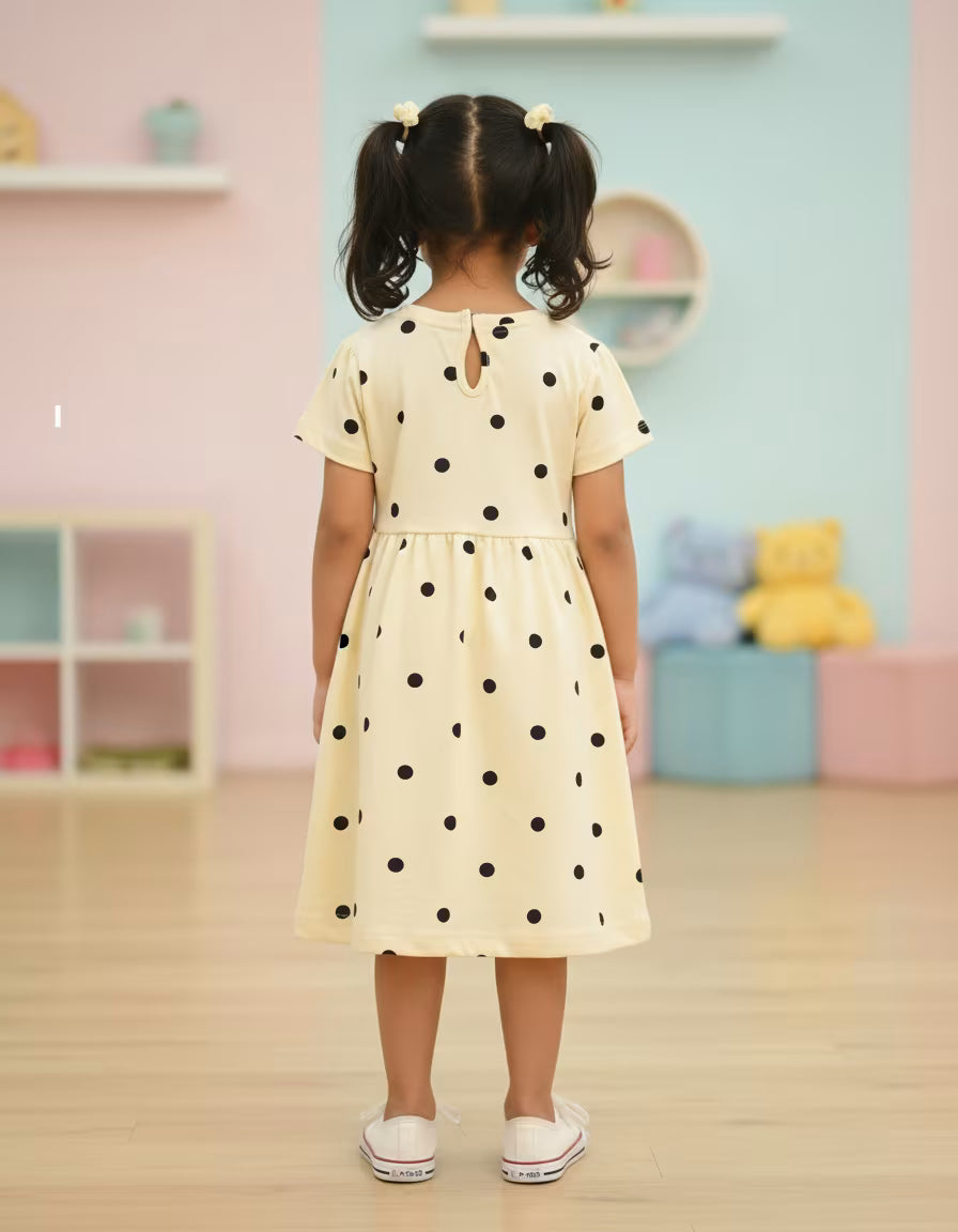 Girls Cream Polka Dot Cotton Frock with Bow Detail