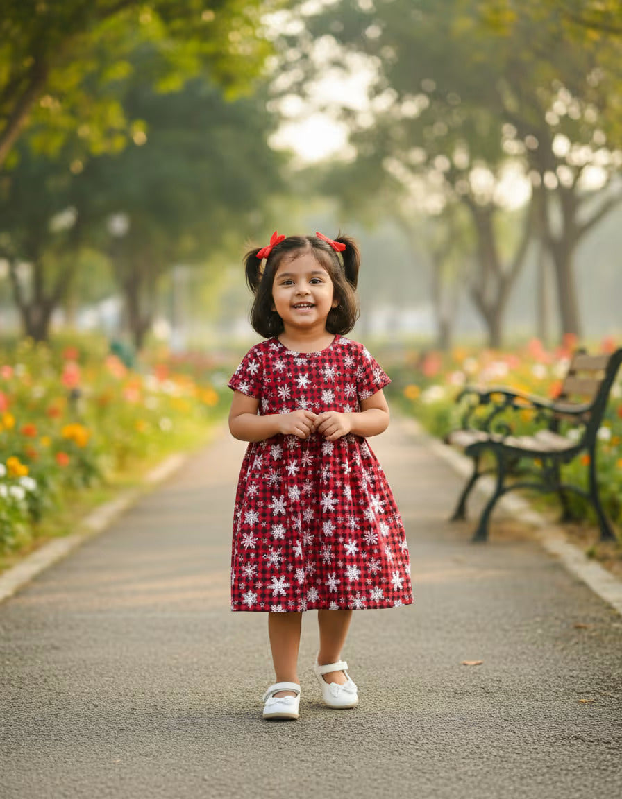 Girls Red Floral Printed Cotton Dress