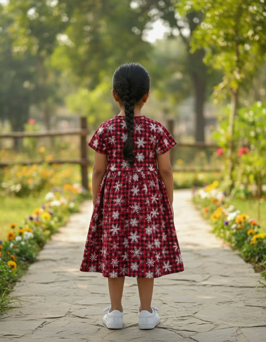 Girls Red Floral Printed Cotton Dress