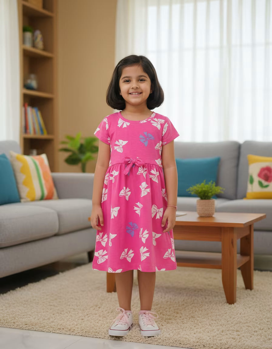 Girls Pink Printed Cotton Dress with Bow Detail