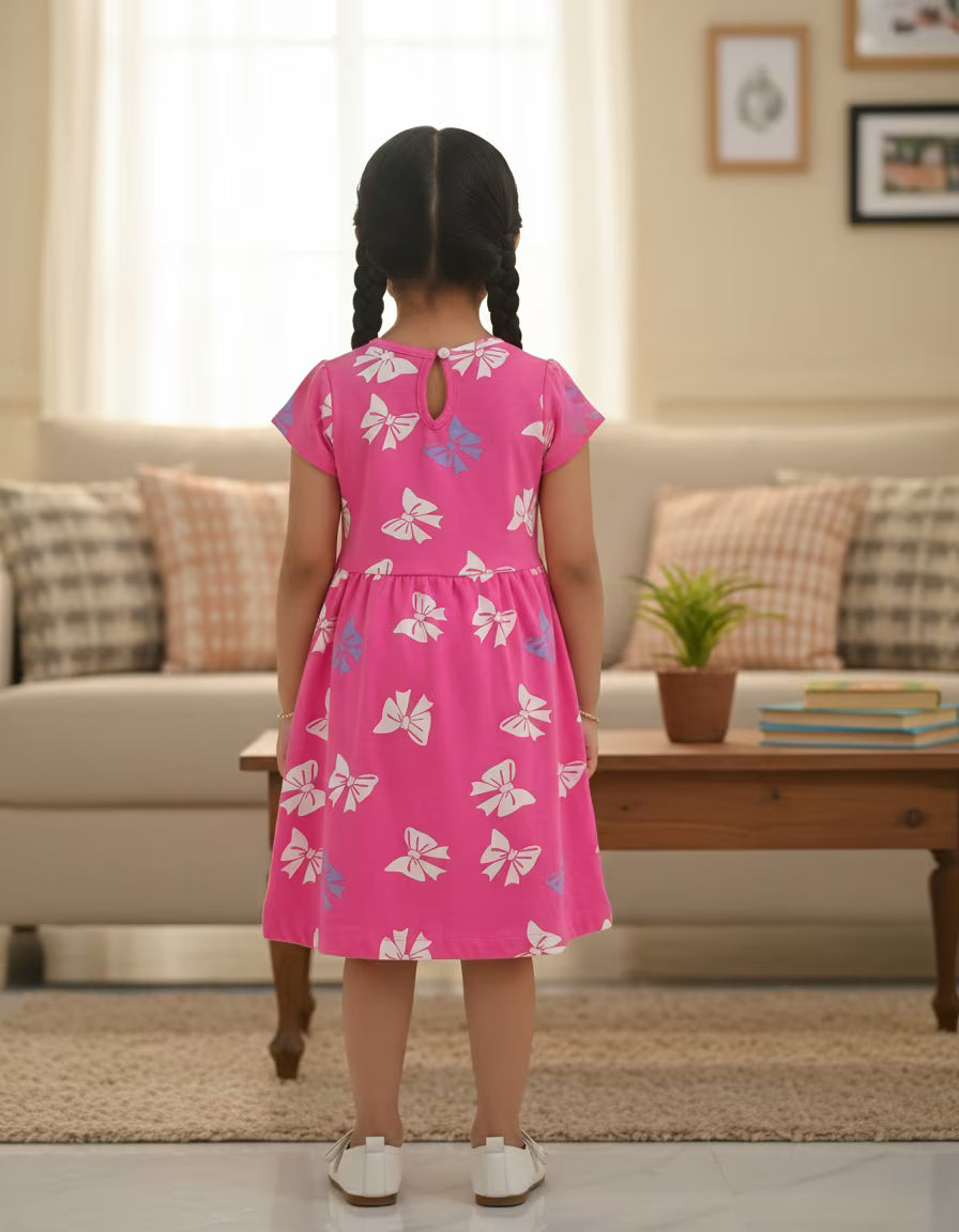Girls Pink Printed Cotton Dress with Bow Detail