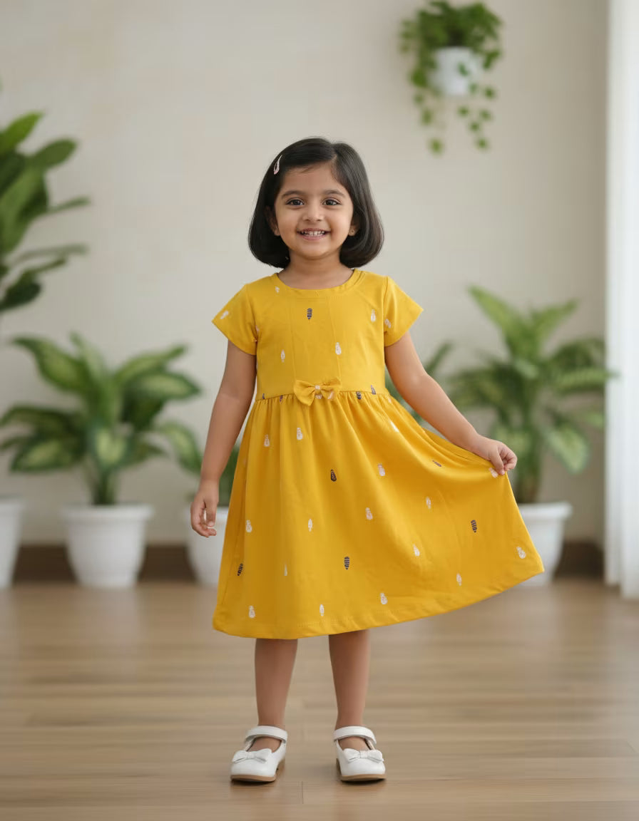 Girls Mustard Yellow Printed Cotton Dress with Bow Detail