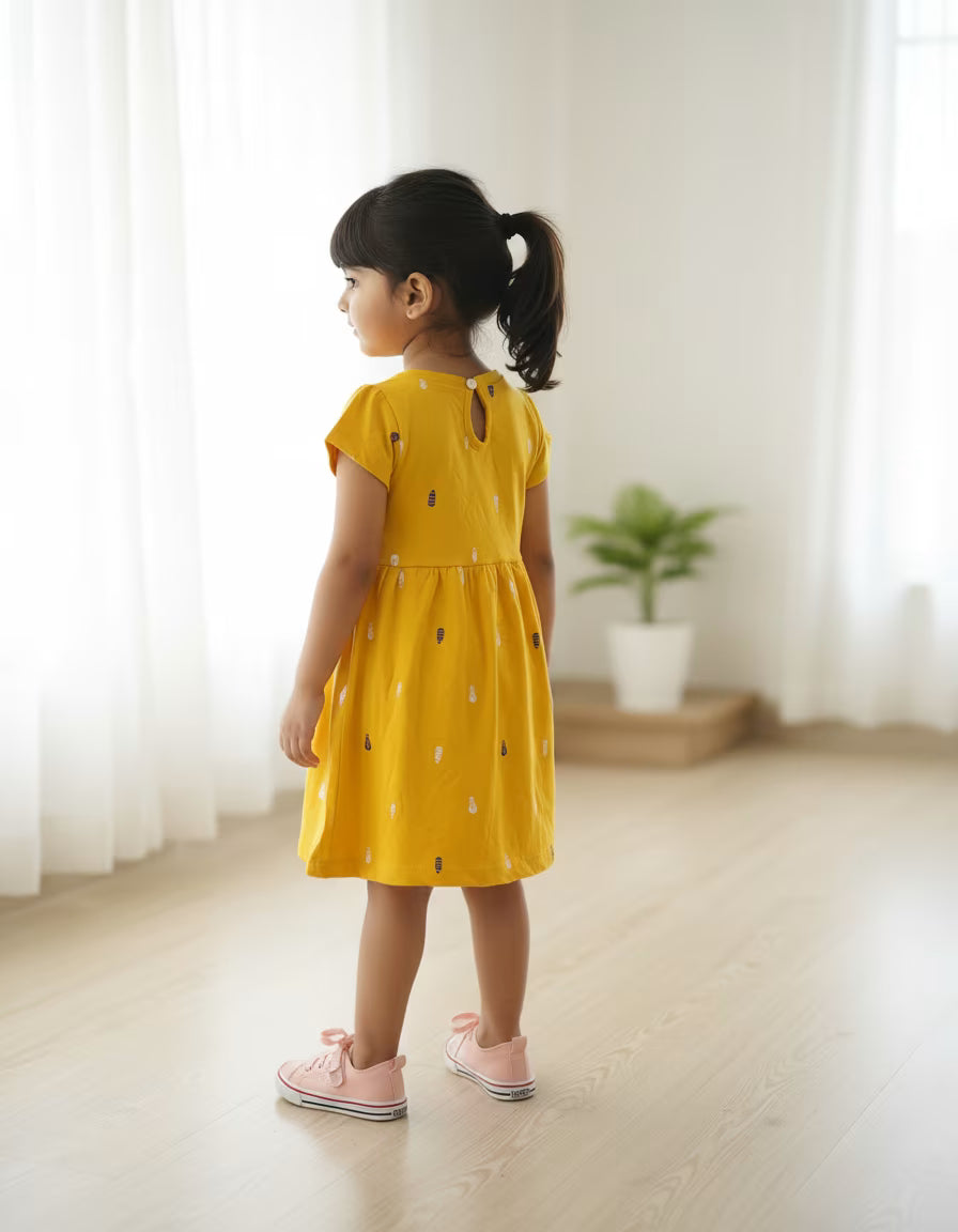 Girls Mustard Yellow Printed Cotton Dress with Bow Detail