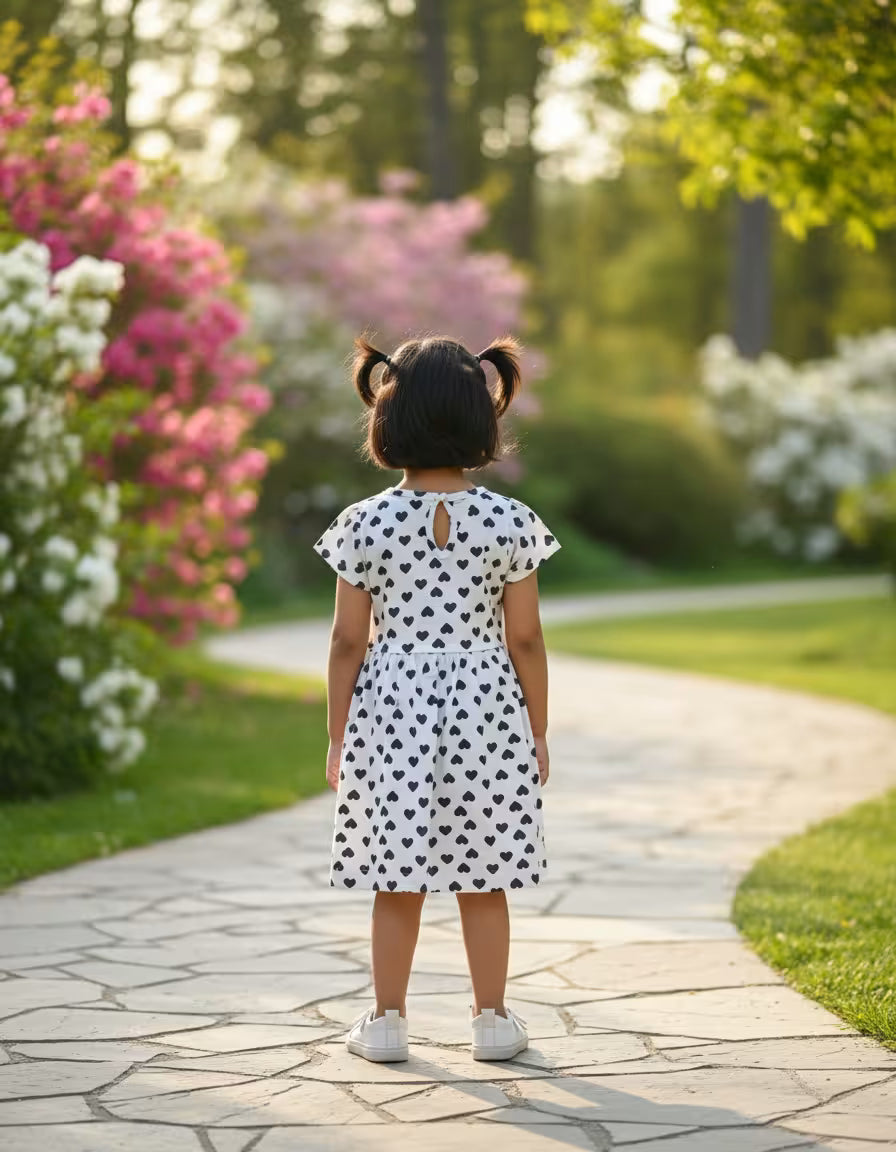 Girls White Heart Printed Cotton Dress with Bow details