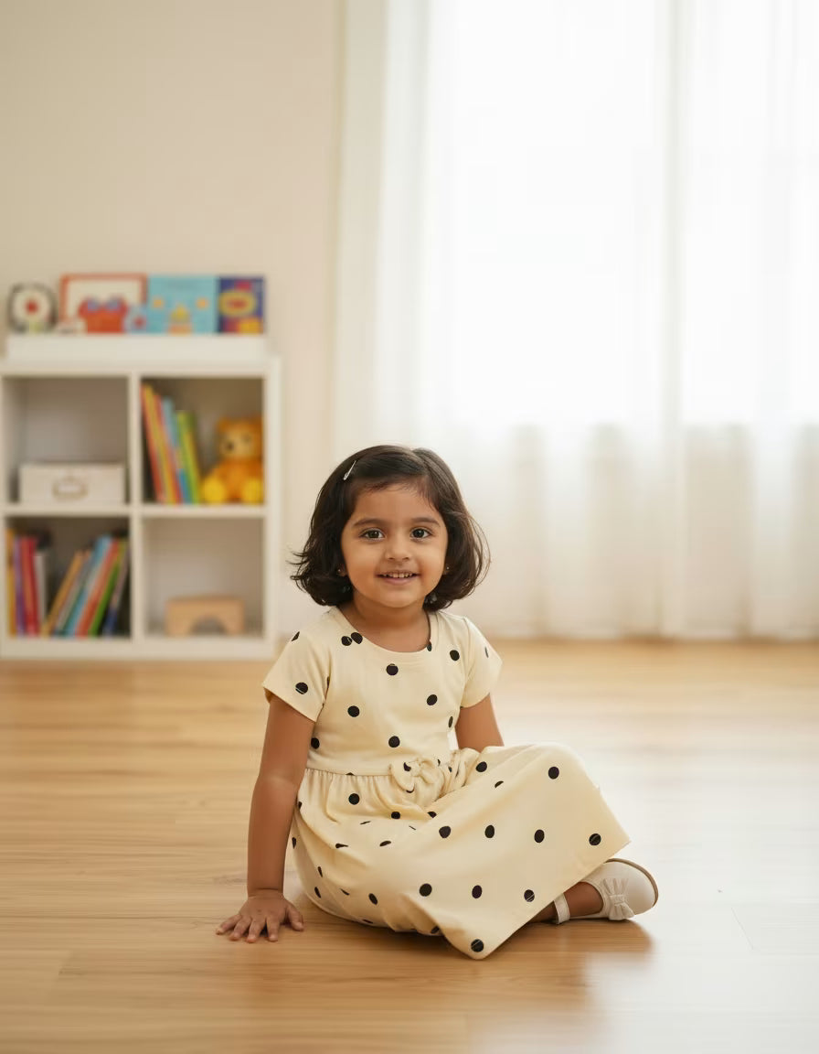 Girls Cream Polka Dot Cotton Frock with Bow Detail