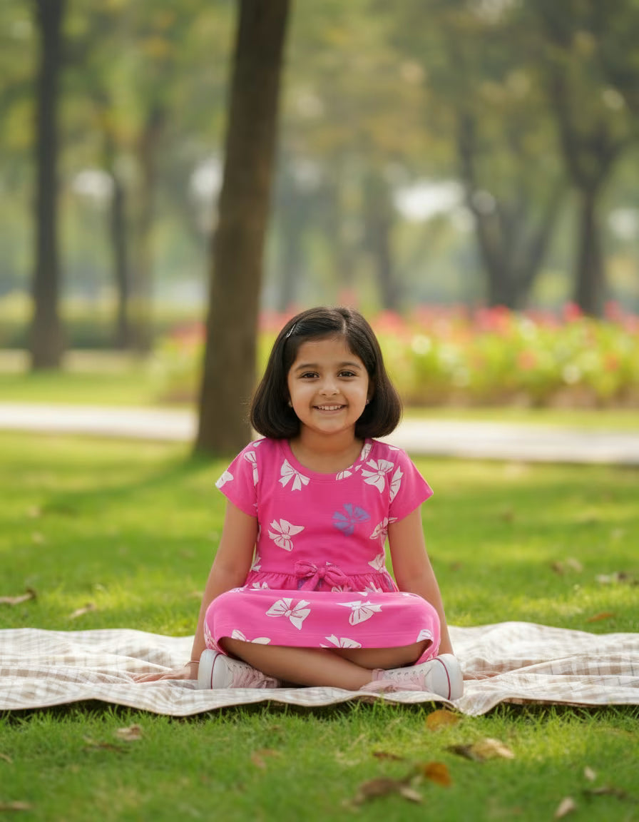 Girls Pink Printed Cotton Dress with Bow Detail