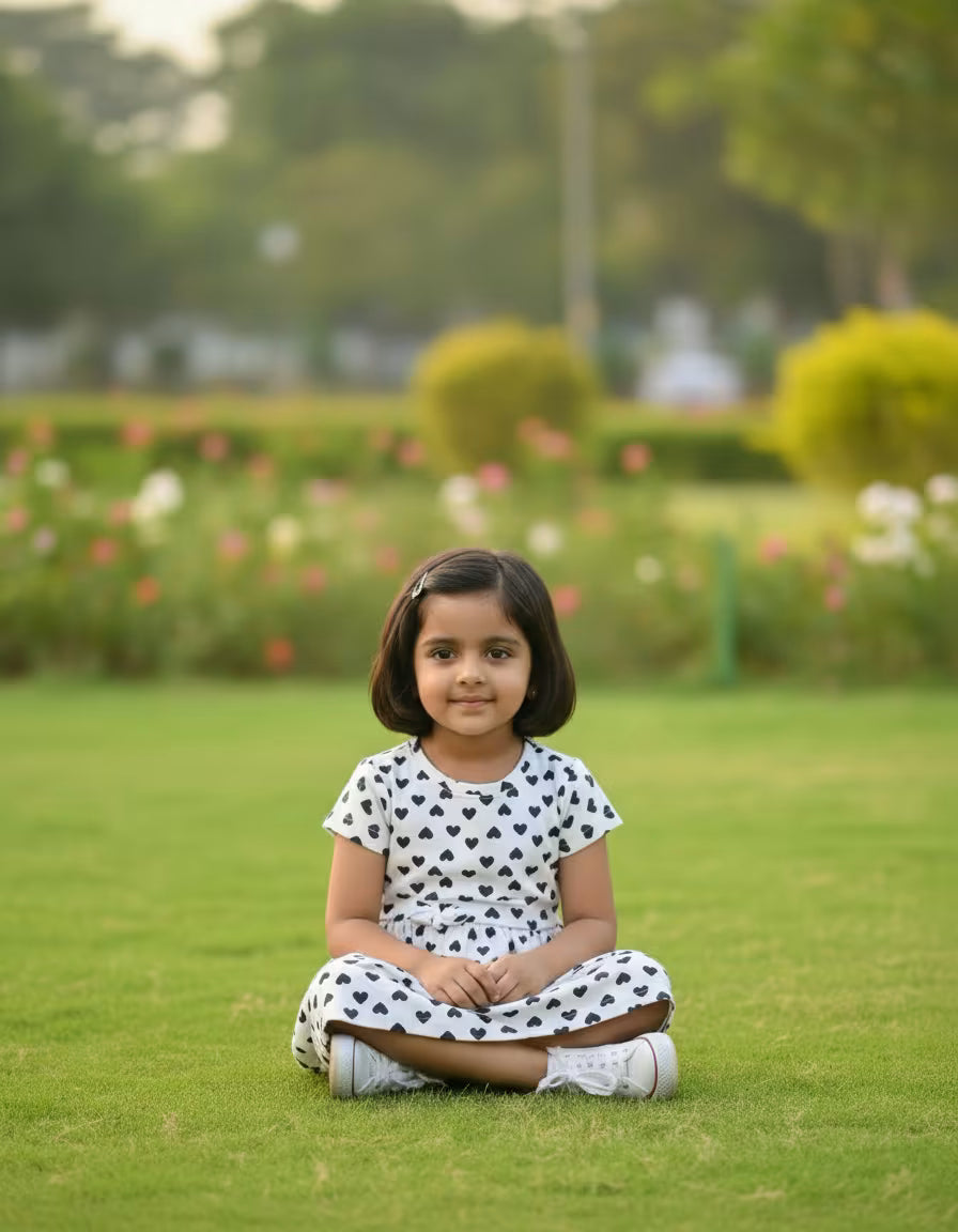 Girls White Heart Printed Cotton Dress with Bow details