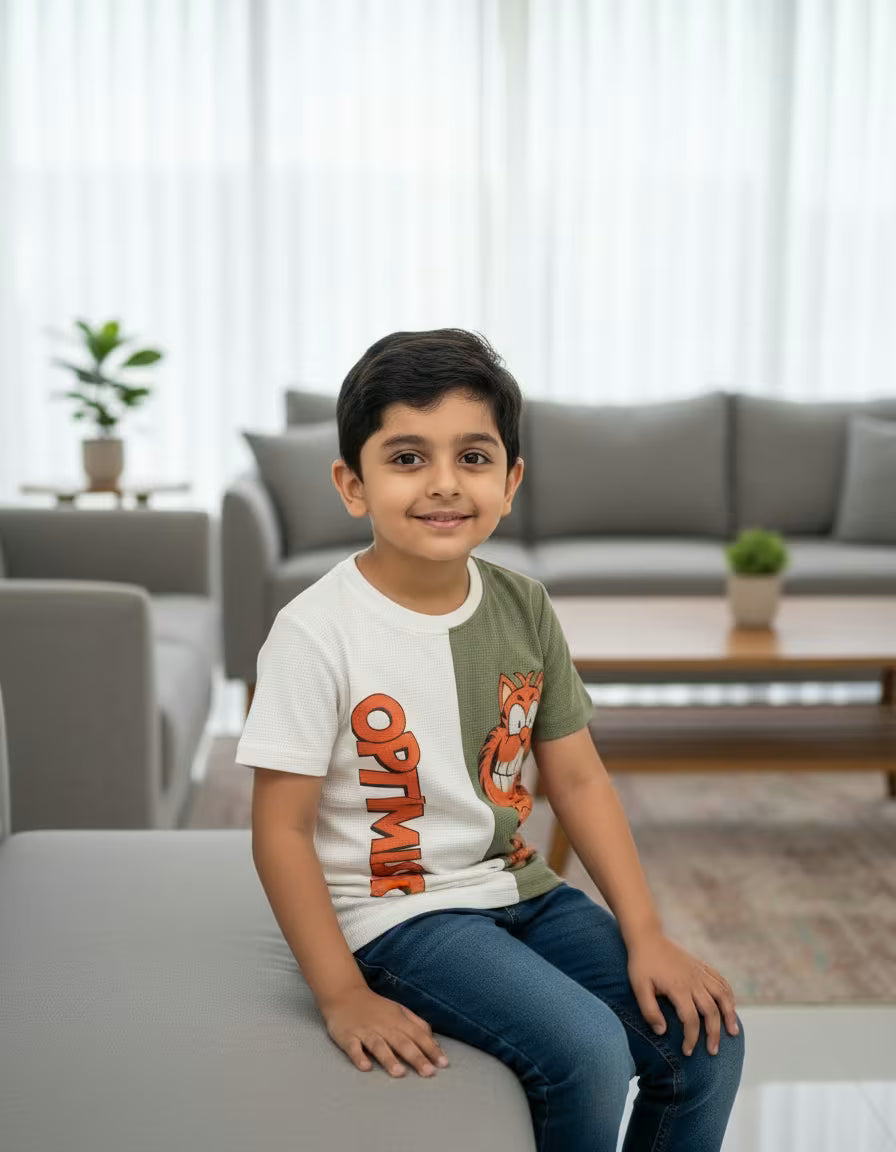 Boys Optimistic Cartoon Print T-Shirt – Premium Waffle Fabric Kids Tee