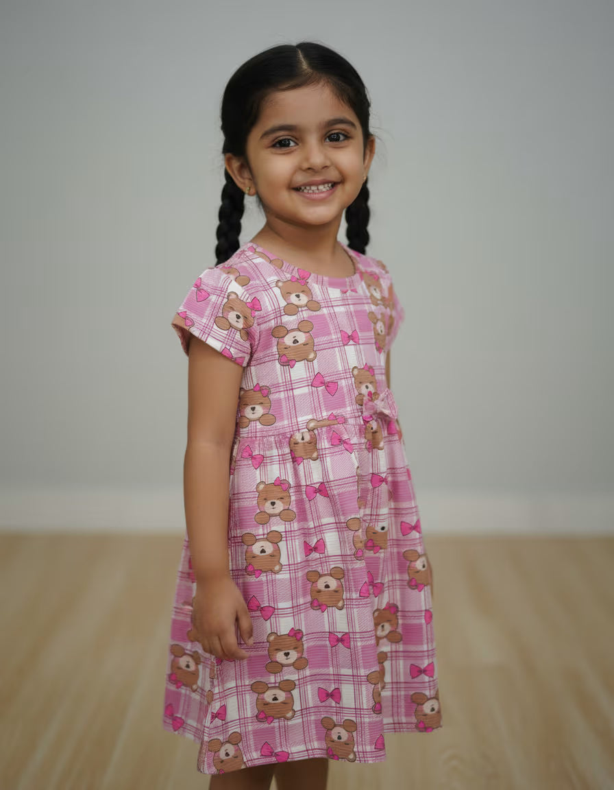 Girls Pink Teddy Bear Printed Durby Fabric Dress – Cute Kids Casual Frock