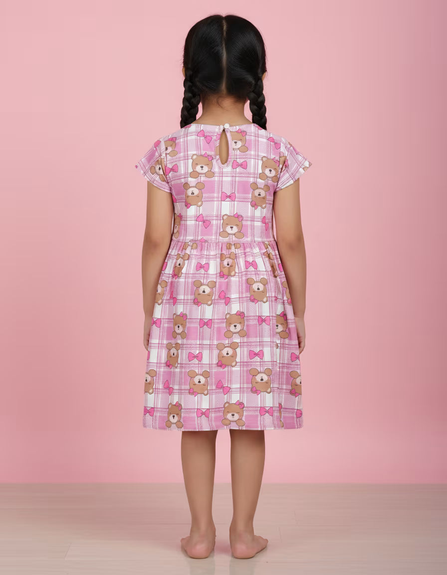 Girls Pink Teddy Bear Printed Durby Fabric Dress – Cute Kids Casual Frock