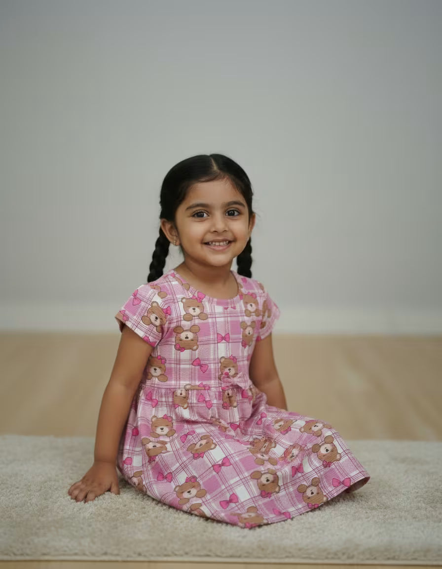 Girls Pink Teddy Bear Printed Durby Fabric Dress – Cute Kids Casual Frock