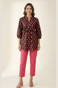 Black Pure Cotton Floral Booti Gathered Top with Mandarin Neck & Three-Quarter Sleeves