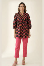 Black Pure Cotton Floral Booti Gathered Top with Mandarin Neck & Three-Quarter Sleeves