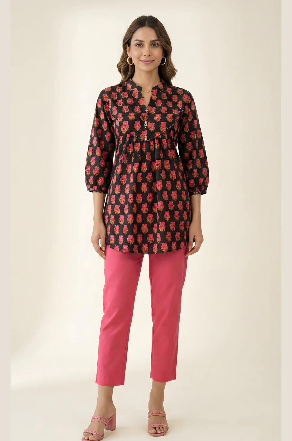 Black Pure Cotton Floral Booti Gathered Top with Mandarin Neck & Three-Quarter Sleeves