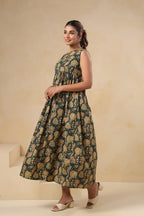 Dark Green Floral Printed Sleeveless Cotton Flare Dress for Women