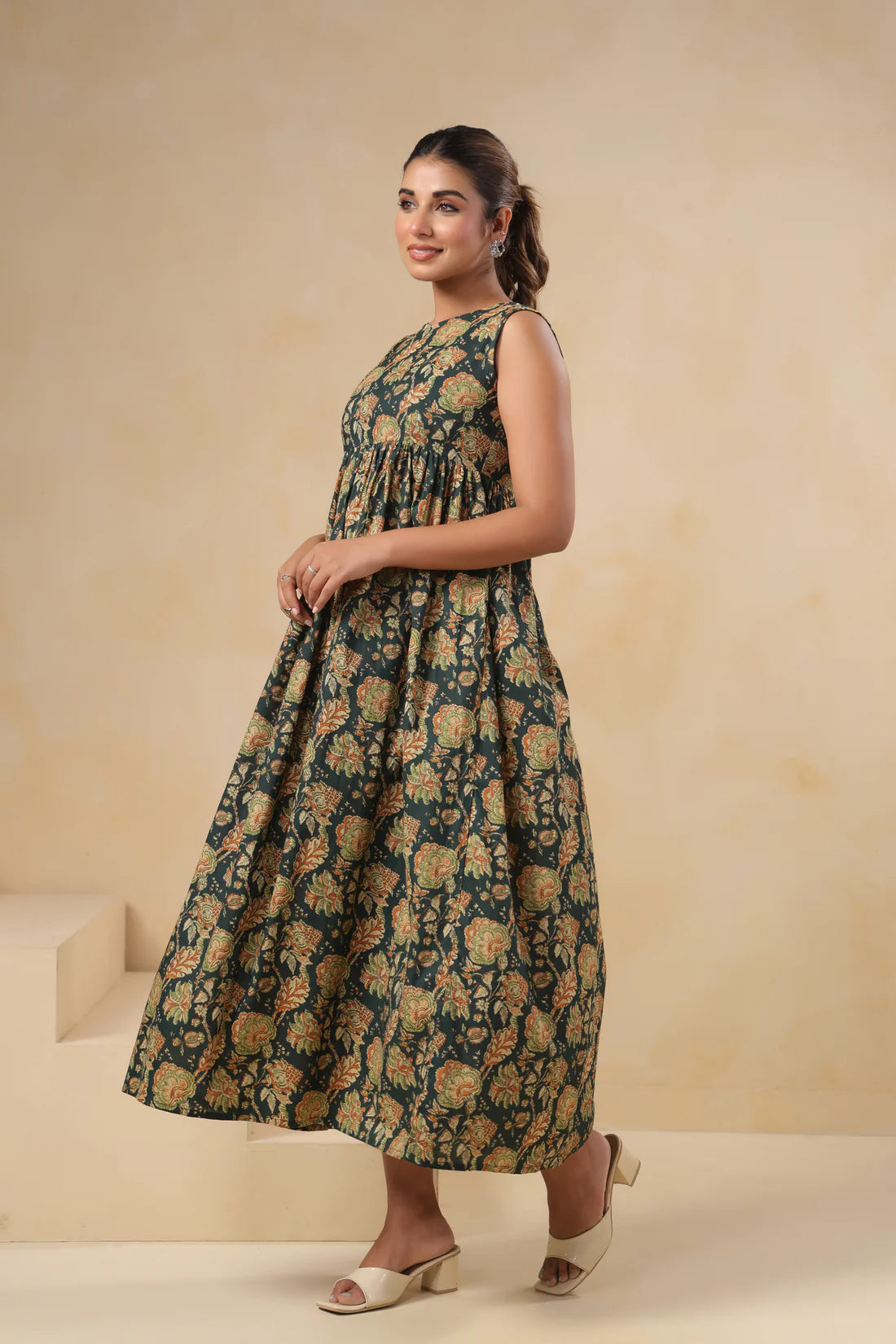 Dark Green Floral Printed Sleeveless Cotton Flare Dress for Women