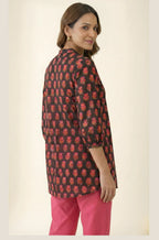 Black Pure Cotton Floral Booti Gathered Top with Mandarin Neck & Three-Quarter Sleeves
