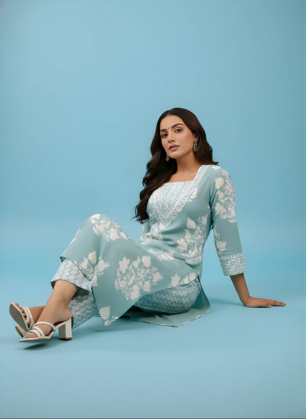 Steel Blue Rose Garden Pure Cotton Kurta & Pant Set