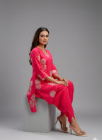Designer Pink Co-ord Set with Tulip Pants & White Floral Embroidery