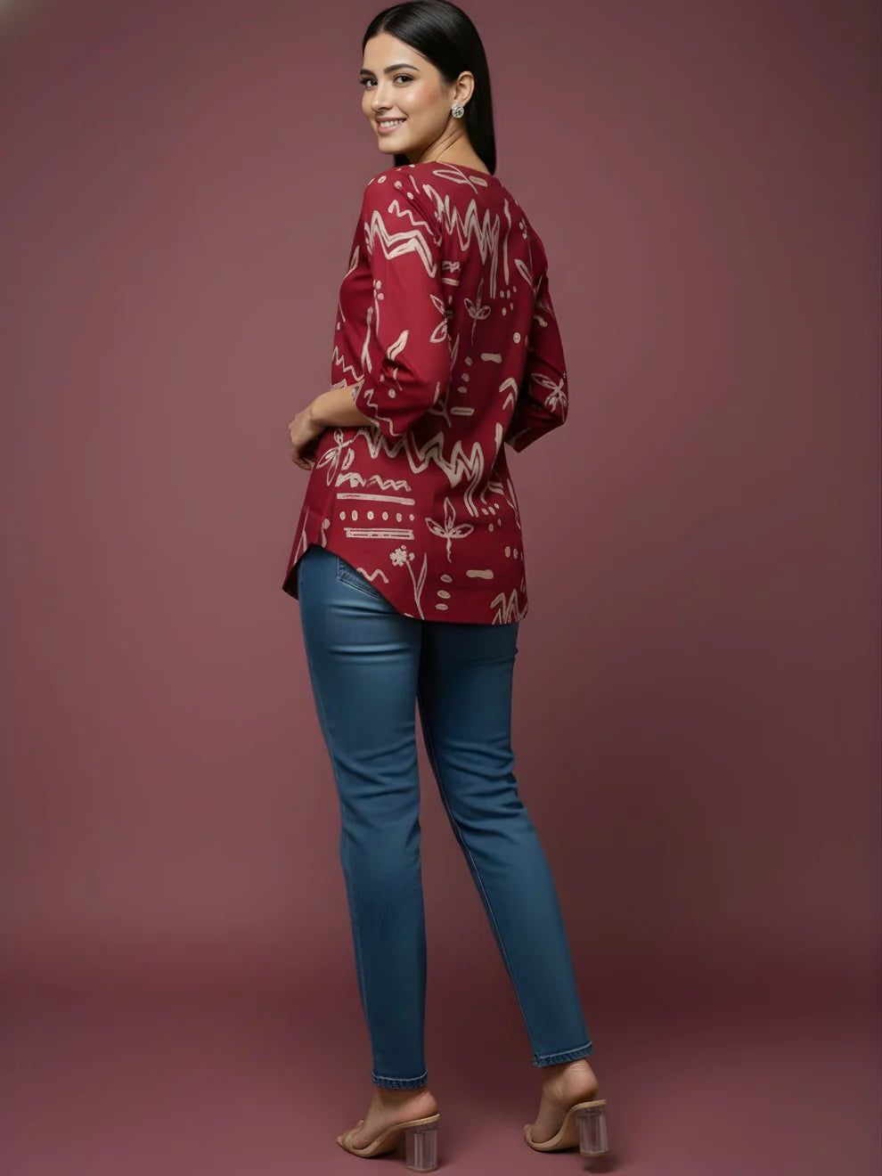 Burgundy Pure Cotton Printed Top with V Neck with Contrast Panel
