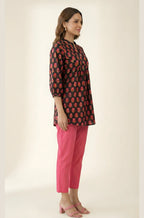 Black Pure Cotton Floral Booti Gathered Top with Mandarin Neck & Three-Quarter Sleeves