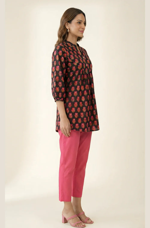 Black Pure Cotton Floral Booti Gathered Top with Mandarin Neck & Three-Quarter Sleeves