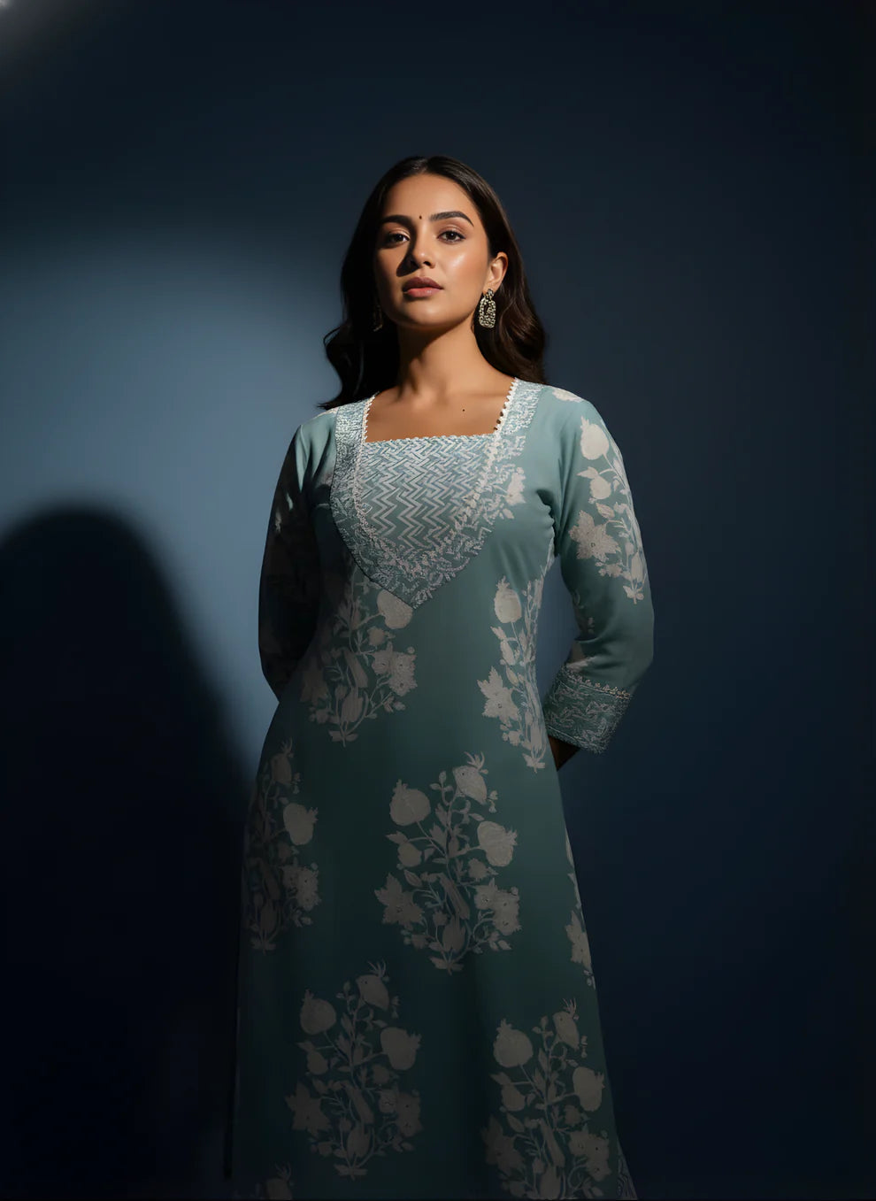 Steel Blue Rose Garden Pure Cotton Kurta & Pant Set